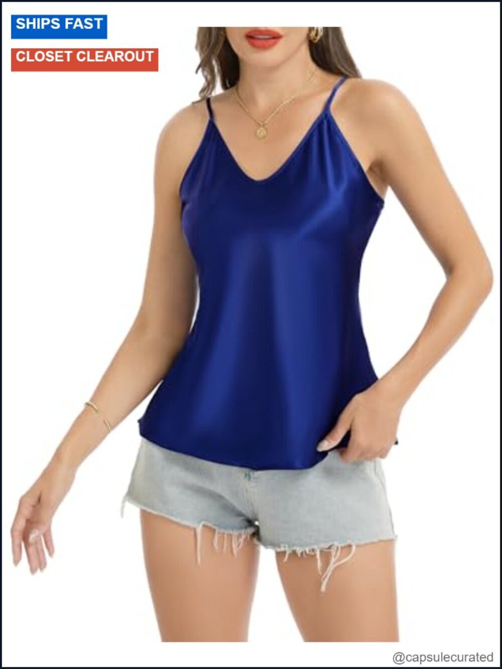 Satin V-Neck Tank Top Adjustable Spaghetti Strap Sleeveless Camisole